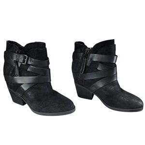 Steve Madden Ankle Boots 7M Women Paiva Black Leather Suede Straps Western Boho‎